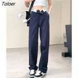 Hit Color High Waist Pants Women Pockets Loose High Street Straight Pants Summer Navy Blue Khaki Trousers Female