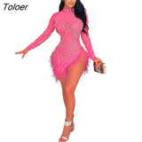 Bead Sleeve Dresses Diamonds Clothing Feather Dress Women Slim Women's Hot Drill Outfit Party Club Fashion Sexy