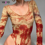 Dye Women Bodysuits Stretchy Printed High Neck 2021 Autumn New Sexy Long Sleeve Bodycon