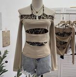 Shooting With Hanging Neck Leopard Print Splicing Two Long-Sleeved Tops A Short Shoulder Bottom T-Shirt