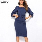 Elegant Women Dress Office Lady Mid-Calf Pencil Dress With Sashes Lantern Sleeve Slim Bodycon Party Dress