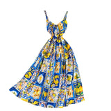 Fashion Holiday Boho Sleeveless Dress Woman Sexy Spaghetti Strap Backless Floral Print Bow Slim Long Party Dress