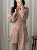 Color Cute V-Neck Cable Knit Long Sleeve Mini