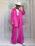 Casual Loose Pink Two Piece Pants Set Women Fashion Long Sleeve Blouses Matching Wide Trousers Suit Lace-Up Pant