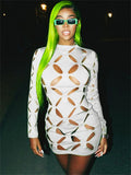 Summer Sexy Bodycon Hollow Out O Neck Dresses For Women 2022 Long Sleeve Dress Female Green Black Party Short Mini