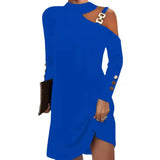 Explosion Autumn Simple Metal Buckle Hanging Neck Button Dress Women's