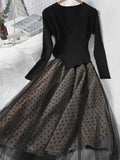 VAREY LIN New Autumn Women Knitted Tulle Patchwork Dresses Elegant Long Sleeve Polka Dot A Line Black Slim
