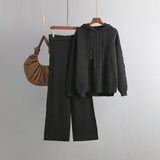 Drawstring Hooded Women Knitted Sets Irregular Loose Sweater+Casual Wide Leg Long Pants Winter Warm Two Pieces