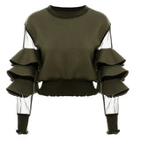 Loose Fit Green Mesh Ruffles Sweatshirt New Round Neck Long Sleeve Women Big Size Fashion Tide Spring Autumn 2023