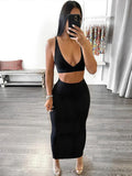 Summer Streetwear 2 Two Piece Set Outfits Women Skirts Sleeveless Backless Crop Top Maxi Skirts Black Matching Dress