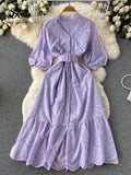 Women Embroidary Gentle Summer Dress V Neck Sashes Hollow Out Casual Vacation Short Sleeves Ladies Long A Line