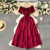 Dress Women's Dress Temperament Gentle Wind The Word Shoulder Bubble Sleeves Waist Shows Thin Fairy Dress Sweet Holiday Dress-Outfit