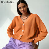 Casual V-neck Knitted Loose Cardigan Women Buttons Lantern Sleeve Sweaters Female Basic White Autumn Winter