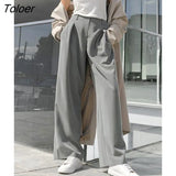 Streetwear Wide Leg Pants Female Autumn Office Chic Loose High Waist Pants Pleated Fashion Grey Floor Length Trouser