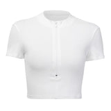 T-shirt Fashion Standing Collar Zipper Striped Crop Tops Slim Solid Sexy Tops Short Sleeve T-shirts 2023-Outfit