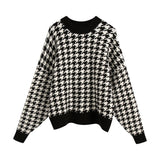 Houndstooth Oversized Knitted Sweater Women Long Sleeve Loose Plaid Pullover Female Autumn Winter Retro Jumper