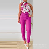 Print Tank Top & High Waist Pants Set With Belt Women Flower Two Piece Set Halter Bow Crop Top Harem Trousers Summer-Outfit