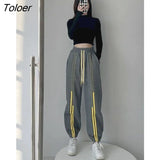 Casual Sweatpants Women Trousers Spring Autumn Vertical Strip Stitching Loose Cropped Pants Drawstring Leggings