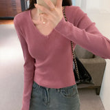 V-Collar Solid Color Long-Sleeved Woolen Blouse A New Style Slim And Slim Sweater In Autumn And Winter-Outfit