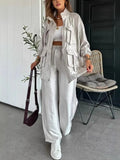 Women's Straight Trousers Two-Piece Solid Fashion Long-Sleeved Jacket Three-Dimensional Pocket