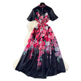 New Holiday Style Dress Women's French Pearl Buckle Waist Thin Temperament Print Chiffon Long