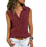 Cotton Tops Blouses 2021 Autumn Sleeveless Solid V-Neck Office Blouse Female Work Women Button Up Shirt Plus Size