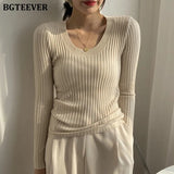Autumn Deep O-neck Women Basic Slim Warm Knitted Tops Casual Skinny Stretch Long Sleeve Female Pullover Sweaters