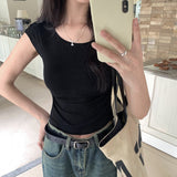 Style Simple Shoulder Short-Sleeved T-Shirt Women's Summer Thin Style Design Feeling Solid Color Full-Fitting Spicy Girls Short-Style Blouse-Outfit