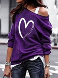 Women's Pullover Sweatshirt Heart Printed Long Sleeve One Shoulder Tops Autumn Winter Sweat Shirts Woman Casual
