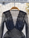 Women Lace Sexy Bodysuits Perspective Dot Bodycon Jumpsuits Long Sleeve Inside Wear Fashion Thin Mesh
