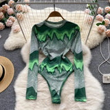 2022 Sexy Women Bodysuits O Neck Long Sleeves Slim Jumpsuit Fashion Vintage Green Striped Print Bodysuits