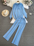 Suit Women's Korean Version Of Loose Knitted Hoodie Two Sets Of Leisure High-Rise Thin Straight Broad Leg