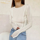 Bodycon White O-Neck Women'S T-Shirt 2021 Elegant Yellow Long Sleeve Fall Tee Shirt Casual Slim Elastic Solid Top