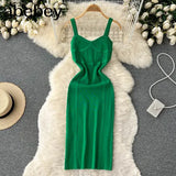 Women Summer Knitted Dress Squre Neck Sleeveless Backless Sheath Sundress Streetwear Ladies Sexy Party Long