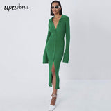 Free Shipping Autumn Bodycon Dress Sweater Knitted Green Women Sexy Midi Split V Neck Long Sleeve Casual Dresses Party