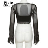 Y2k Sexy Long Sleeve Crop Tops Black Shirts 2 Piece Set Irregular Mesh See Through Cardigan and Camis