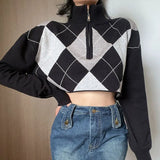 Casual Argyle Plaid Print Cropped Sweater Autumn Casual Loose Knitted Jumpers Top Preppy Style Korean Pullovers