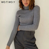 WOTWOY Ribbed Knitted Turtleneck Sweater Women Autumn Winter Slim Fit Basic Pullover Female Long Sleeve Black White
