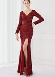 Winter Elegant Deep V Neck Long Sleeve Slit Cocktail Eevening