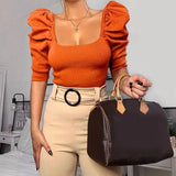 Puff Sleeve Women Blouse Square Neck Korean Style Tops Elegant Sexy White Black Slim Crop Blouse