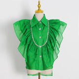 Ruffle Trim Shirt For Women Lapel Sleeveless Solid Straight Loose Button Through Blouse Female Summer Clothing