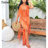 Sexy Tassel Fringe Knitted Hollow Out One Piece Swimsuit Bodysuit Beach Swimwear Women Bikini Set Fashion Holiday