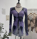 Real Shooting Hottie Slear Dye Printing V Tie With Hollow Irregular Shoulder Long-Sleeved T-Shirt