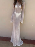 Women Crochet Backless Long Dress Bikini Cover Ups Long Flare Sleeve Hollow Out Knitted Beach Dresses Female Vestidos-Outfit