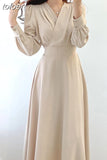 V-neck Puff Sleeve A-line Maxi Dresses for Woman Women Solid Color Midi Robe Korean Office Dresses Elegant Spring