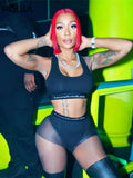 Summer Streetwear Bodycon 2 Two Piece Sets Women Outfits Sleeveless Crop Top Biker Mesh Shorts Suits Black Matching