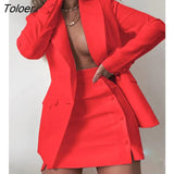 Women Streetwear Candy Colour Basic Blazer Sets Coat + Side Buttons Skirt Slim Suit Jacket Suits Office Lady Sets