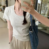 Short Threaded Shoulder Slim Short-Sleeved T-Shirt Women's New Solid Color Summer Casual Round Collar Blouse-Outfit