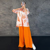 Sets Loose Long Sleeve Printed Shirt Two Piece Set Women Elegant Lapel Top Suits Female Split End Wide Leg Pants Outfits-Outfit