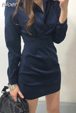 Korean Chic Turn Down Collar Single Breast Tie vintage Dress High Waist Hip Pleat Bodycon Vestidos Solid Temperament